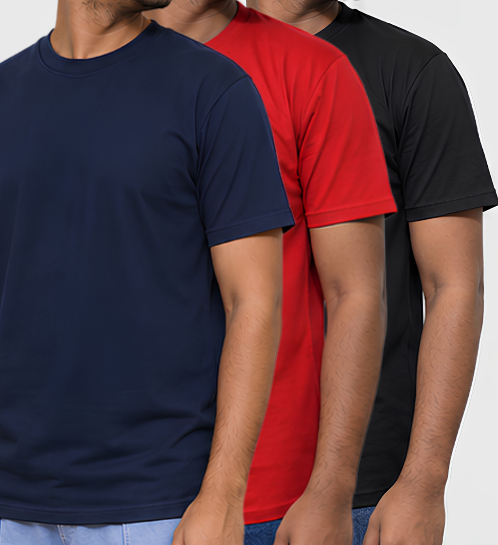 Premium Regular Fit Black, Red & Navy Blue T-Shirt Combo Pack of 3 | 100% Cotton Bio-Washed Everyday T-shirt